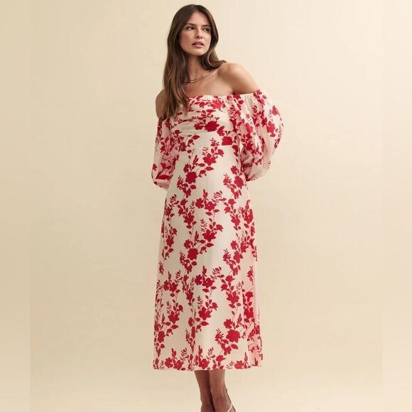 Nobody's Child Floral Off-Shoulder Dress in Red and Cream - Picture 1 of 6